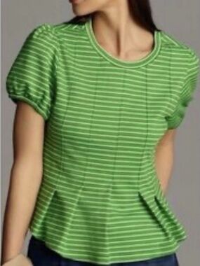 Anthropologie Maeve Green and White Striped Puff-Sleeve Peplum Top